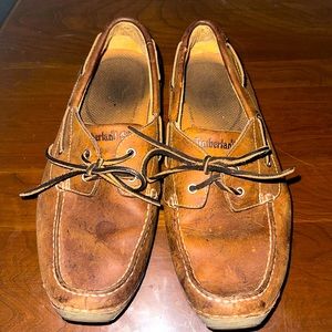 Timberland brown tan leather loafers men’s size 9 gently used slip ons